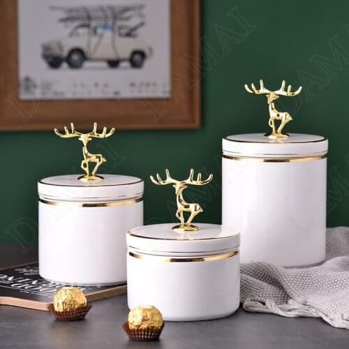 Golden Stroke Ceramics Storage Jar Jewelry Cosmetic Container Gilded Deer Seal Grain Dispenser Kitchen Organizer Supplies