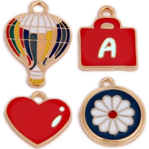 10pcs/Lot Alloy Enamel Love Bag Hot Air Balloon Flower Shape Earring Keychain Charm Pendant DIY Jewelry Accessories