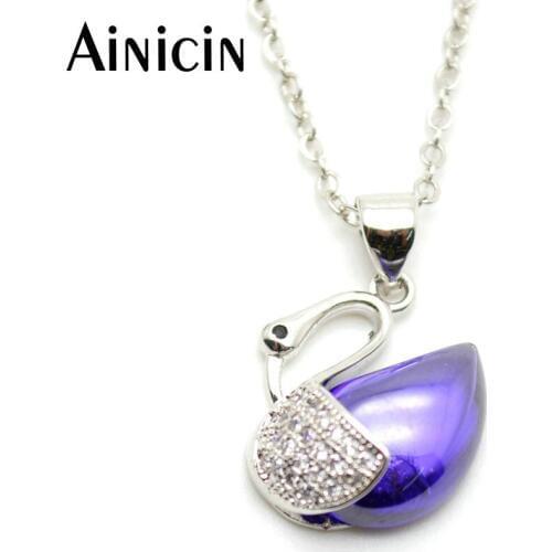 10pcs South Korea 13mm Lovely Animal Swan Pendant Silver Plated Purple Zircon Stone Setting 16'' Fashion Women Chain Necklace