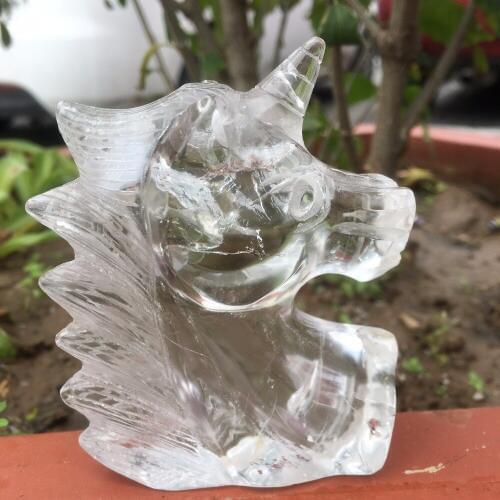 231g Natural Clear Quartz Crystal Unicorn Specimen Hand Carved Horse Head Figurine