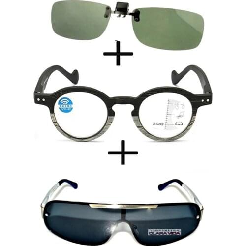 3Pcs!!! Wood Anti Blu Light Progressive Reading Glasses for Men Women + Alloy Polarized Sunglasses Outdoor + Sunglasses Clip