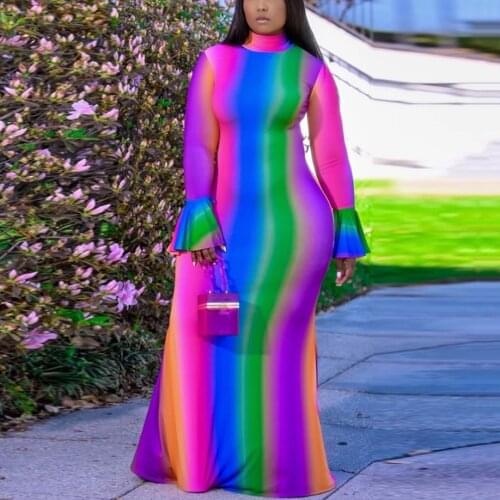 4XL 5XL Plus Size African Dress Women Large Printed Mermaid Flare Sleeve Floor Length Elegant Evening Night Party Long Dress New