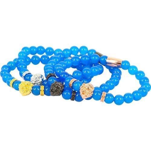 8mm Natural Royal Blue Onyx Semi Precious Stone Bead Lion Head Charm Spacer Standard Bracelets For Man