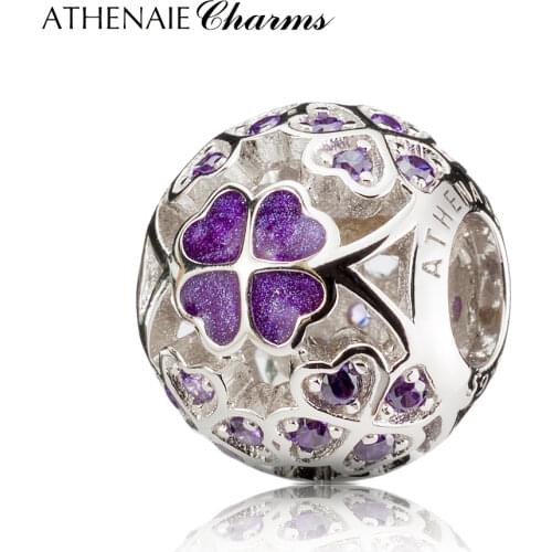 ATHENAIE 925 Sterling Silver Enamel Lucky Shamrock Best Wishes to You Charm Beads Fit European Bracelets Necklace Color Purple
