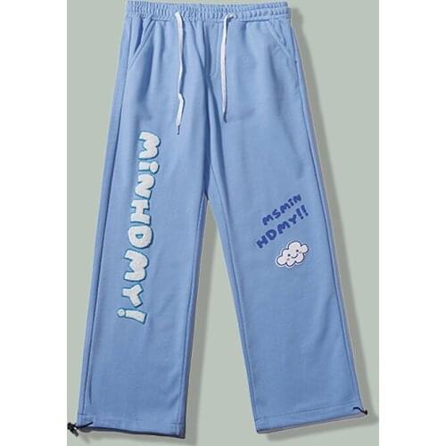 Furry Letters Embroidery Harajuku Casual Pants Mens Hip Hop Cloud Print Loose Trousers Summer Straight Baggy Joggers Sweatpants