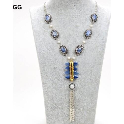 JK 19" Natural Oval Apatite Black Macersite Paved White Round Pearl Chain Necklace Gold Plated Apatite Pendant