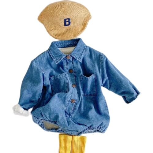 2021Autumn Baby Toddler Long Sleeve Plus Velvet Denim Jeans Romper Kids Infant Jumpsuit Boys Girls Clothes Fashion Cute Playsuit