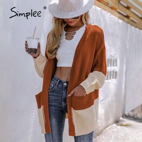Simplee Causal color block women long knit cardigan Holiday long sleeve brown sweater cardigan autumn Winter female pocket coat