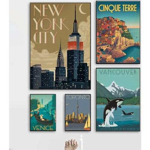 Famous City Travel London New York Italy Poster Cartoon Landscape Canvas Painting for Living Room Home Decor Wall Art Pictures