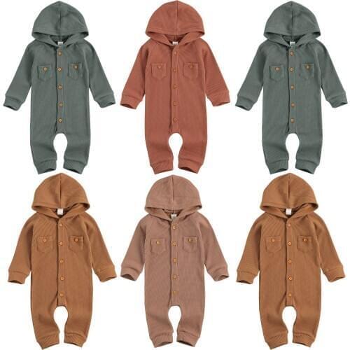 0-24M Baby Girl Boy Romper Spring Autumn Casual Solid Long Sleeve Waffle Hooded Jumpsuit Clothes For Newborns