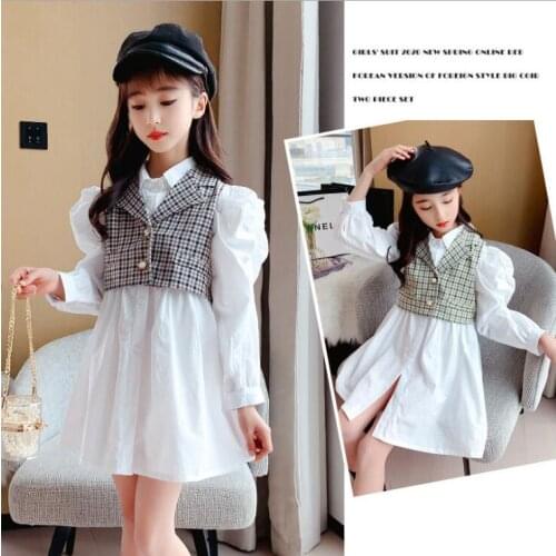 2021 Korea style girls 2 pcs set dress+waistcoat fashion autumn girls suit 4-9t B427
