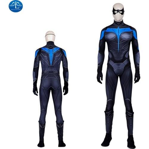 Titans Nightwing Dick Grayson Costume Halloween Cosplay Superhero Jumpsuit Black Armor Mask Suit Fancy Party Outfit