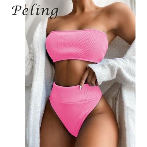 2021 Summer Knitted Women Bikinis Set Bathing High Waist Thong Push Up Padded Beachwear Strapless Swimwear Sexy Swimsuits