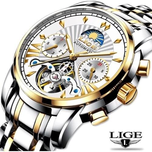 LIGE Top brand Mens Watches Top Brand Luxury Automatic Mechanical Business Clock Gold Watch Men Reloj Mecanico de Hombres