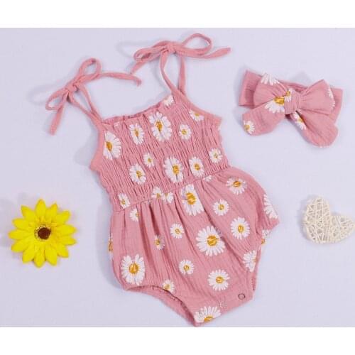 Cute Newborn Baby Girls Daisy Print Bodysuit Clothes Cotton Linen Toddler Tie Up Boat Neck Spaghetti Strap Jumpsuit+Headband Set