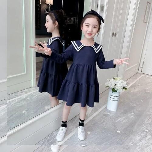 Fashion Kids Girls Clothing Dress Baby Girls Casual Princess Dress Autumn Long Sleeve Navy Collar Pleated Dress Children Clothes