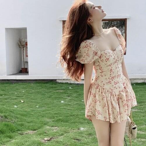 Prairie Fashion Floral Print Princess Dress Puff Sleeve Sexy Square Collar Super Mini Dress Summer Holiday Irregular Fairy Dress