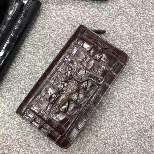 Authentic Real True Crocodile Skin Mens ZIP Brown Phone Clutch Wristlets Purse Genuine Exotic Alligator Leather Male Card Bag