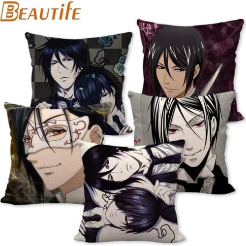 45X45cm Black Butler Anime Pillow Cover Square Zipper Cotton Linen Fabric Pillow Cases Bedroom Home Decorative Boys Girls Gift