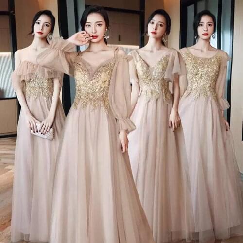 Bridesmaids Dresses Illusion Short V-Neck Sequined Beading Lace Tulle Floor-Length Coffee Vintage Women Wedding Party Gown E585