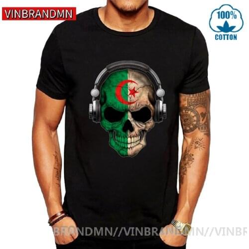 Dark Skull Deejay with Algerian Flag T shirt men Algerian DJ Skeleton T-shirt Algeria Map Tee shirt Patriotic Country Lover Tee