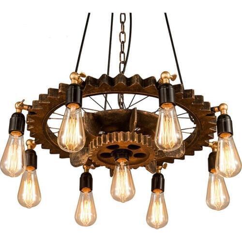 Vintage Retro Loft Rustic Distressed Wrought Iron Gear Chain Pendant Light with E27 Edison Bulbs for Bar Cafe Club Dining Room