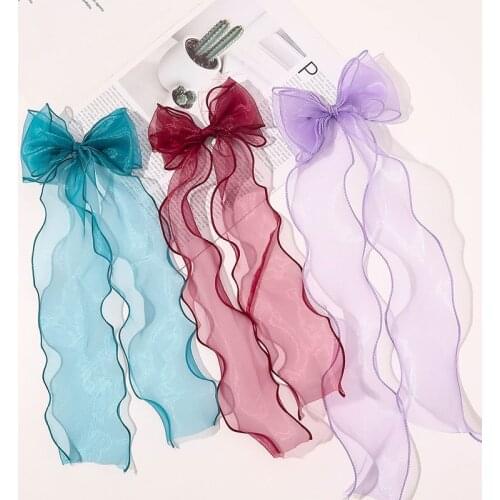 Organza Streamers Duckbill Clip Lace Bow Hair Clip For Kids Girl Sweet Solid Hairpins Fashion Long Ribbon Hair Accessories