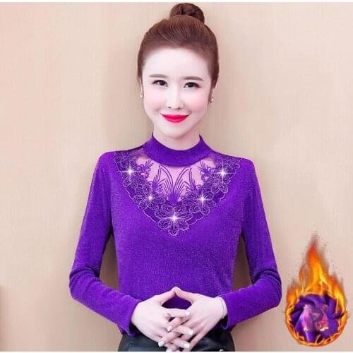 Women 2021 Autumn Winter Half High Neck Lace Bottoming Shirt Female Long-sleeve Mesh Tops Plus Size Clothing Ladies Shirt X175