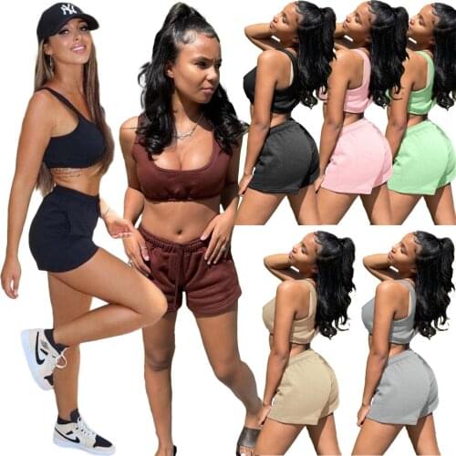 WomenS Suit Summer Sportwear Two Piece Set Solid Sleeveless Vest Crop Tank Top Biker Shorts Pants Suit Active Outfit Tracksuit