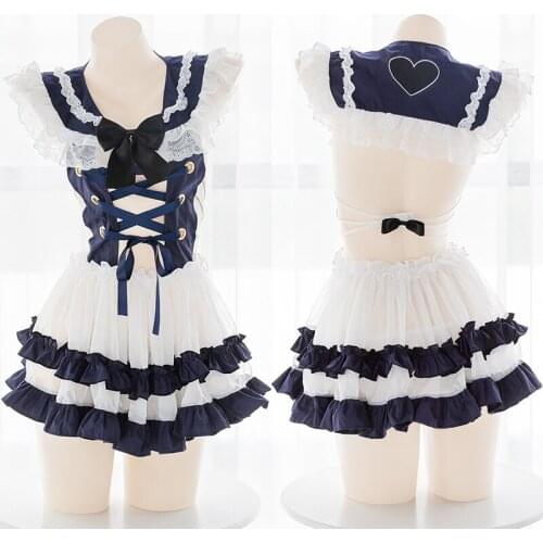 Women Sexy Lace Perspective Backless Hollow Out Cross Bandage Sailor Collar Ruffle Cute Bowknot Uniform Short Skirt Suit Cosplay