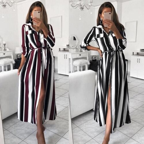 2019 Womens Long Sleeve Stripe Shirt Dress Loose Stripe Lace Up Turn Down Collar Casual OL Button Down Blouse Tops