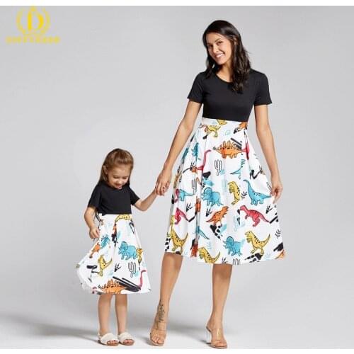 Mother Daughter Dresses Outfits Short Sleeve Long Dress for Women Cartoon Dress Girl Mother and Me Dress Matching Family Clothes