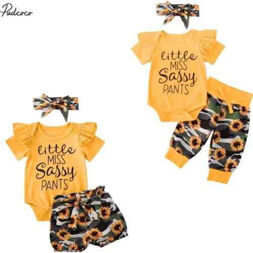 2020 Lovely Sassy 0-24M Newborn Baby Girl Clothes Summer 3pcs Letter Print Short Sleeve Romper Top+Sunflower Long Pants Headband
