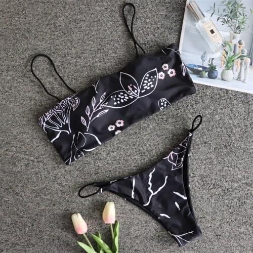 2021 Black Sexy Spaghetti Strap Bathing Suit Floral Print Women Swimsuit Summer Beach Sexy Bikini Femme Vintage Swimwear 60294