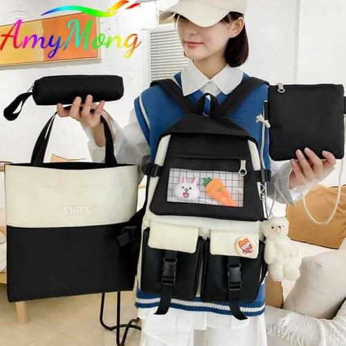 Kawaii 4 Pcs Sets Nylon Women Backpack Fashion Waterproof Rucksack for Teen Girls School Bag Cute Student Bookbag Travel Bagpack