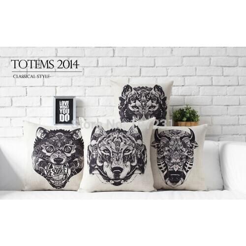 45X45cm Vintage Cushion cover Pillow Case Cover Throw Linen Decor Home Black Tatoo Wolf Bull Tiger
