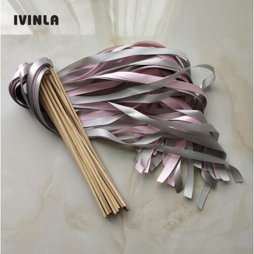 50pcs/lot pink and sliver stain ribbon wedding wands Without Bells for wedding decoration