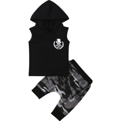 0-4T Toddler Baby Kid Boys Sleeveless Black Hoodie Tops Camo Pants Outfits Set Clothes