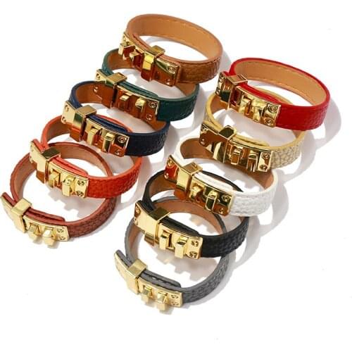 2020 popular punk style men and women PU leather bracelet stainless steel cuff bracelet luxury