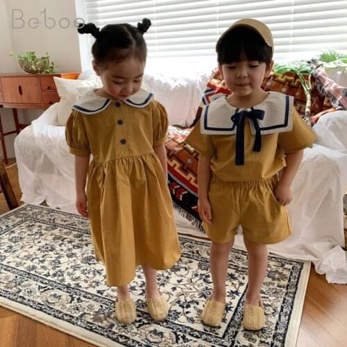 Korean Style Childrens Clothing Girls Navy Style Dress Fashion Pure Cotton Short Sleeve Shorts Sets For Boys 2-6y Kids Clothes