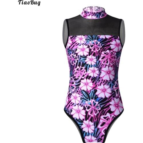 TiaoBug Kids Girls One-Piece Print Jumpsuit Stand Collar Sleeveless Mesh Patchwork Ballet Dance Gymnastics Bodysuit Leotard