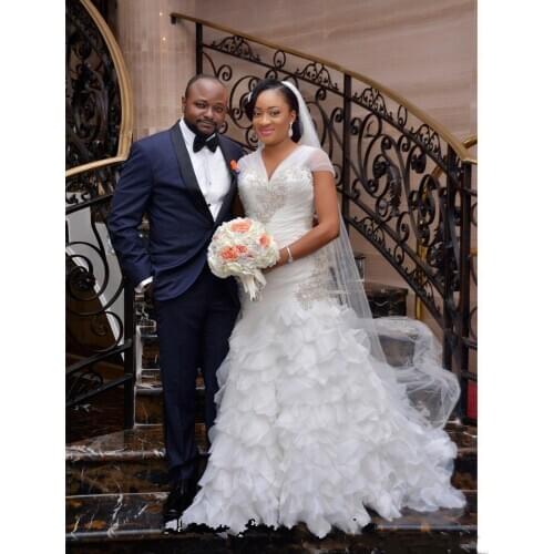 EJUE SHUNG African Mermaid Wedding Dresses V Neck Short Sleeves Backless Crystal Cascading Ruffles Bridal Gowns Vestido De Novia