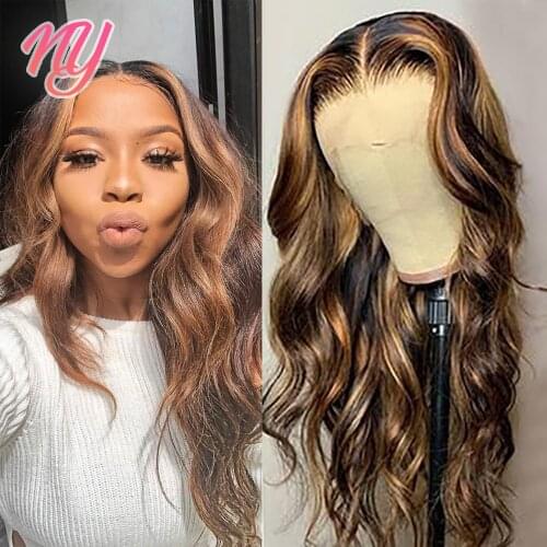 Highlight Remy Hair Body Wave Frontal wig 4X4 wigs 13x4x1 T-part Wig P4/27 Honey Blonde Transparent Brazilian Human Hair