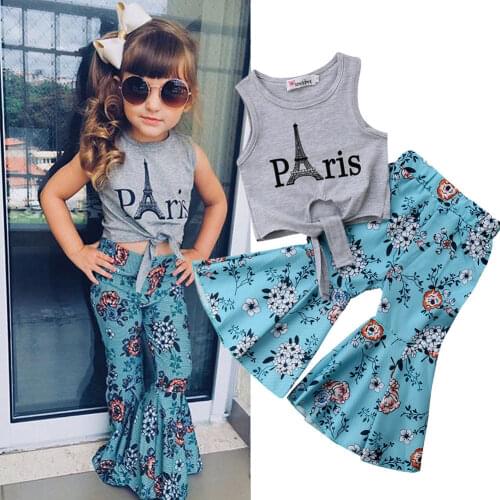 2018 Newly Summer Fashion Toddler Baby Girls 2PCS Sleeveless Letter Grey Belt Vest Tops Floral Print Flare Pants Sets 1-5Y