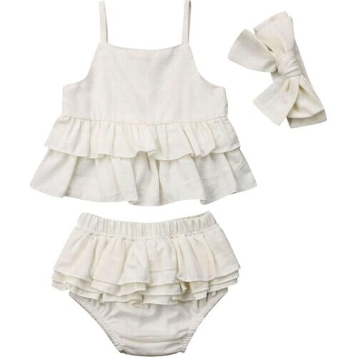 3PCS Set Toddler Kids Baby Girl Sleeveless Strap Tank Tops Ruffles Shorts Bloomers Headband Outfits Summer Clothes Set
