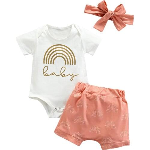 3Pcs Infant Baby Girls Summer Romper Clothes Outfit Rainbow printed Short Sleeve Jumpsuit Top Headband Shorts Sets