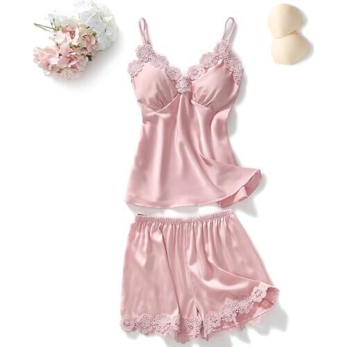Two Piece Pajama Set Sexy Lace Top And Shorts Pyjamas Spaghetti Strap Sleepwear Pijama Nightie Home Clothes Lingerie Pyjamas Set