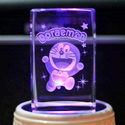 Cool Cartoon Doraemon Inner Carved Square Crystal Ornament Base Light Desktop Home Decor Crafts Christmas Child Birthday Gifts