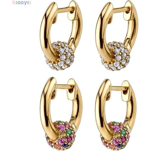 LOZOYA 925 Sterling Silver Sphere 8mm Huggie Piercing Rainbow Earring Hoops Crystal CZ Circle Loops Slim Women Clips Jewelry