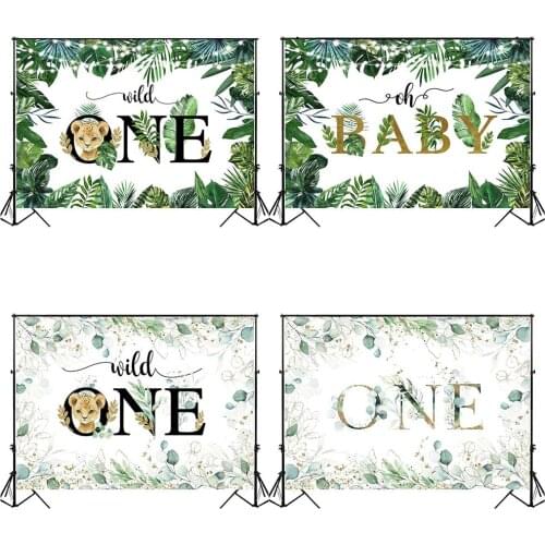 Mocsicka Forest Safari Wild One Backdrop Photography Child 1st Birthday Baby Shower Background Banner Photo Studio Green Leaves